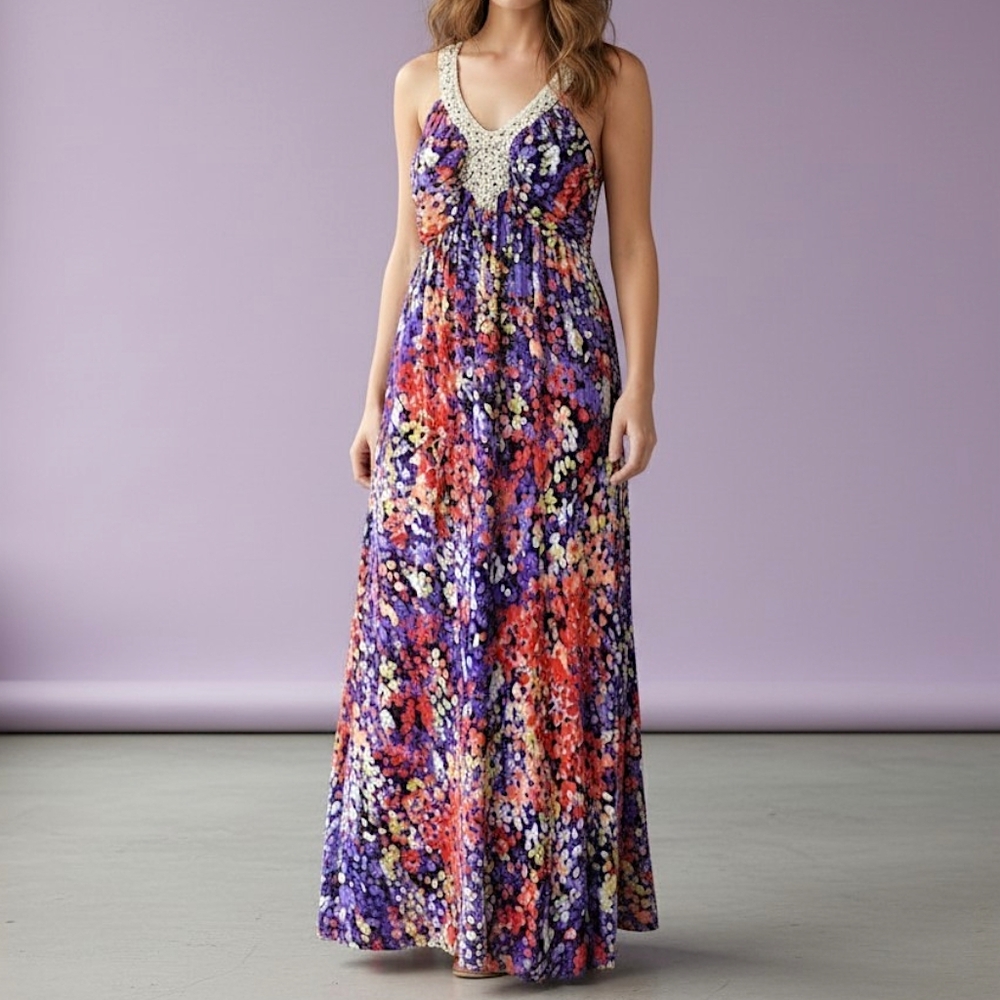 ELLE Maxi Dress Purple Red Yellow Small Lace Abstract Long Sleeveless Geometric